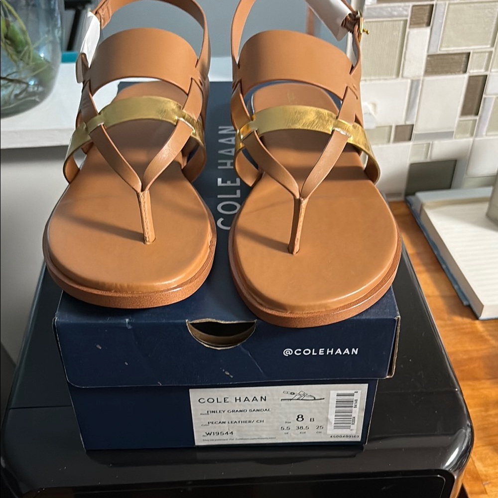 Cole Haan Tan and Gold Strappy Sandals